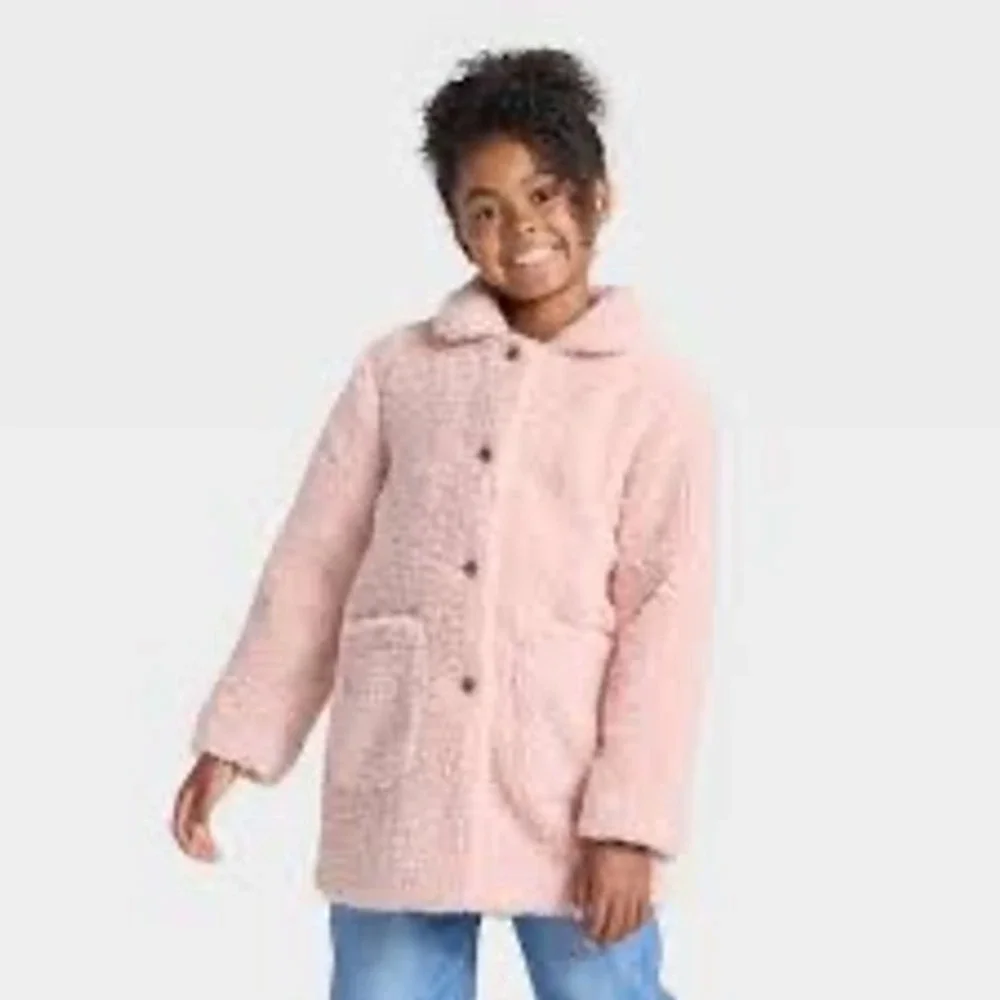 Cat & Jack Girls Blush Pink Faux Fur Sherpa Teddy Coat Jacket Size L Large